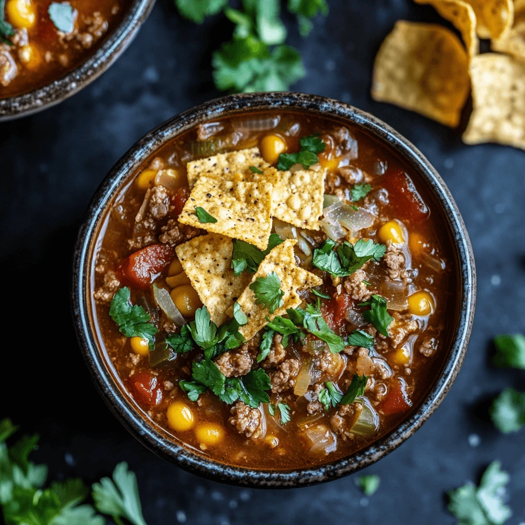 A bowl of hearty taco soup topped with Fritos corn chips, shredded cheese, sour cream, and fresh cilantro, served with a side of lime wedges