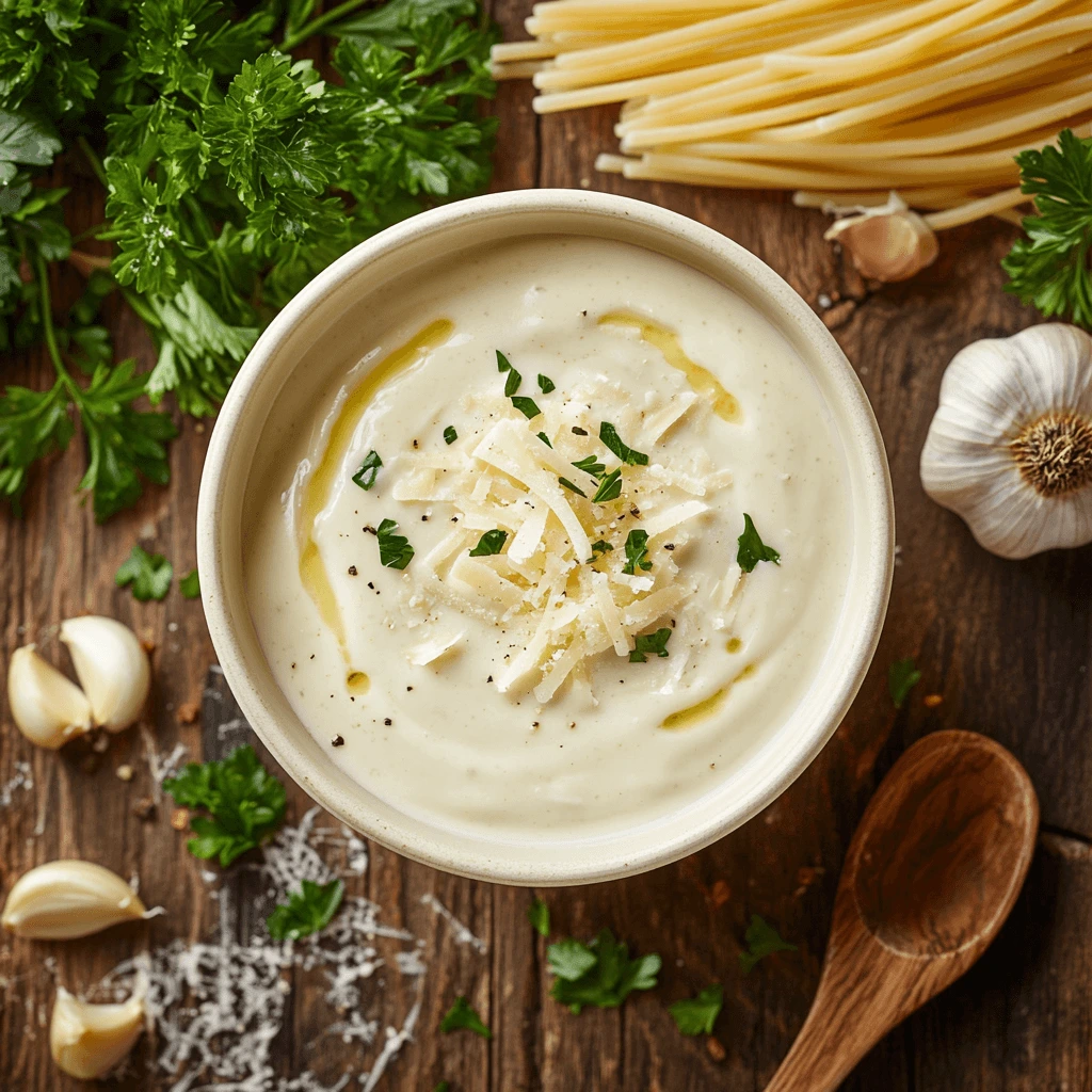 Homemade Alfredo sauce with fettuccine, garnished with Parmesan cheese and parsley in a rustic kitchen setting