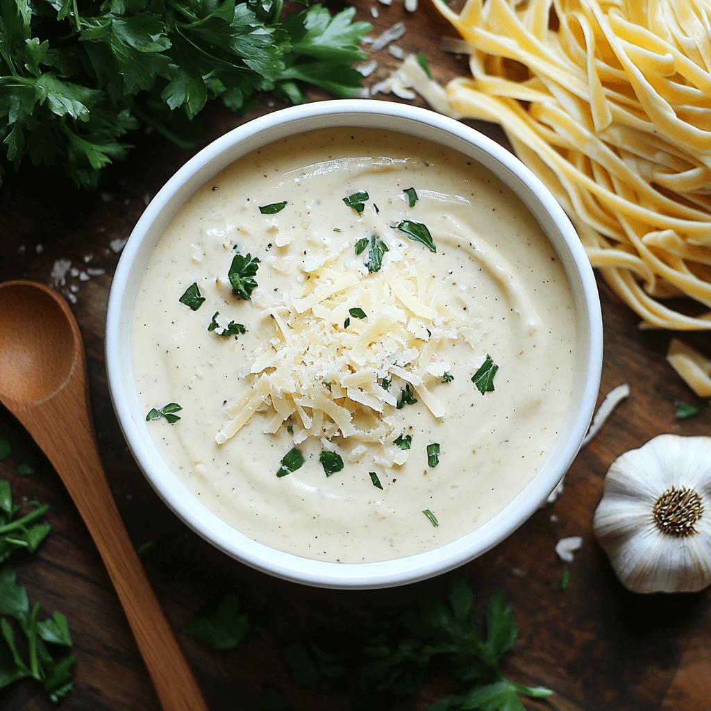 Delicious plate of fettuccine Alfredo served with garlic bread and a side salad, garnished with Parmesan and parsley