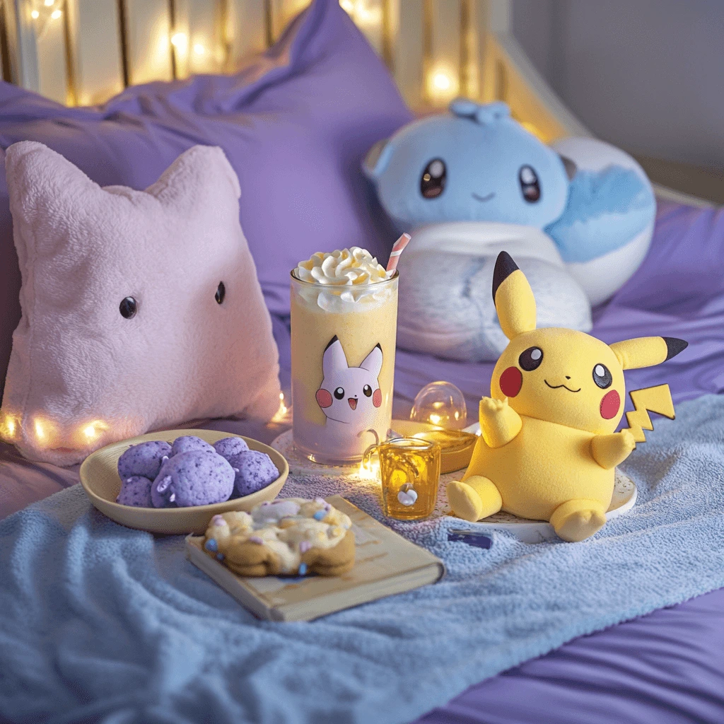 Pokémon Sleep smoothie and dessert recipes with sleep-enhancing ingredients like honey, bananas, and lavender for a peaceful night