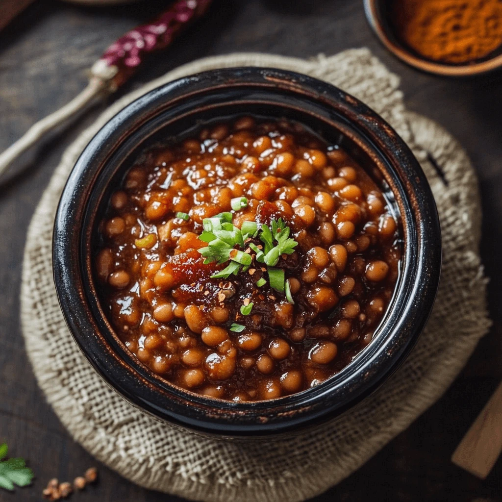 Homemade baked beans in a bowl garnished with parsley, served on a rustic wooden table with bread on the side