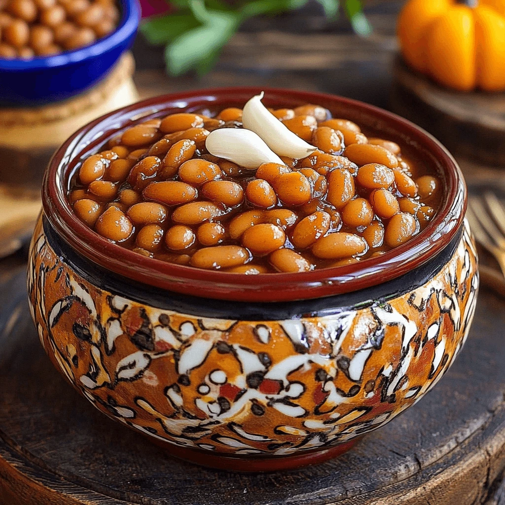 Close-up of baked beans simmering in a pot with tomato sauce, smoky bacon, and spices for a rich homemade flavor