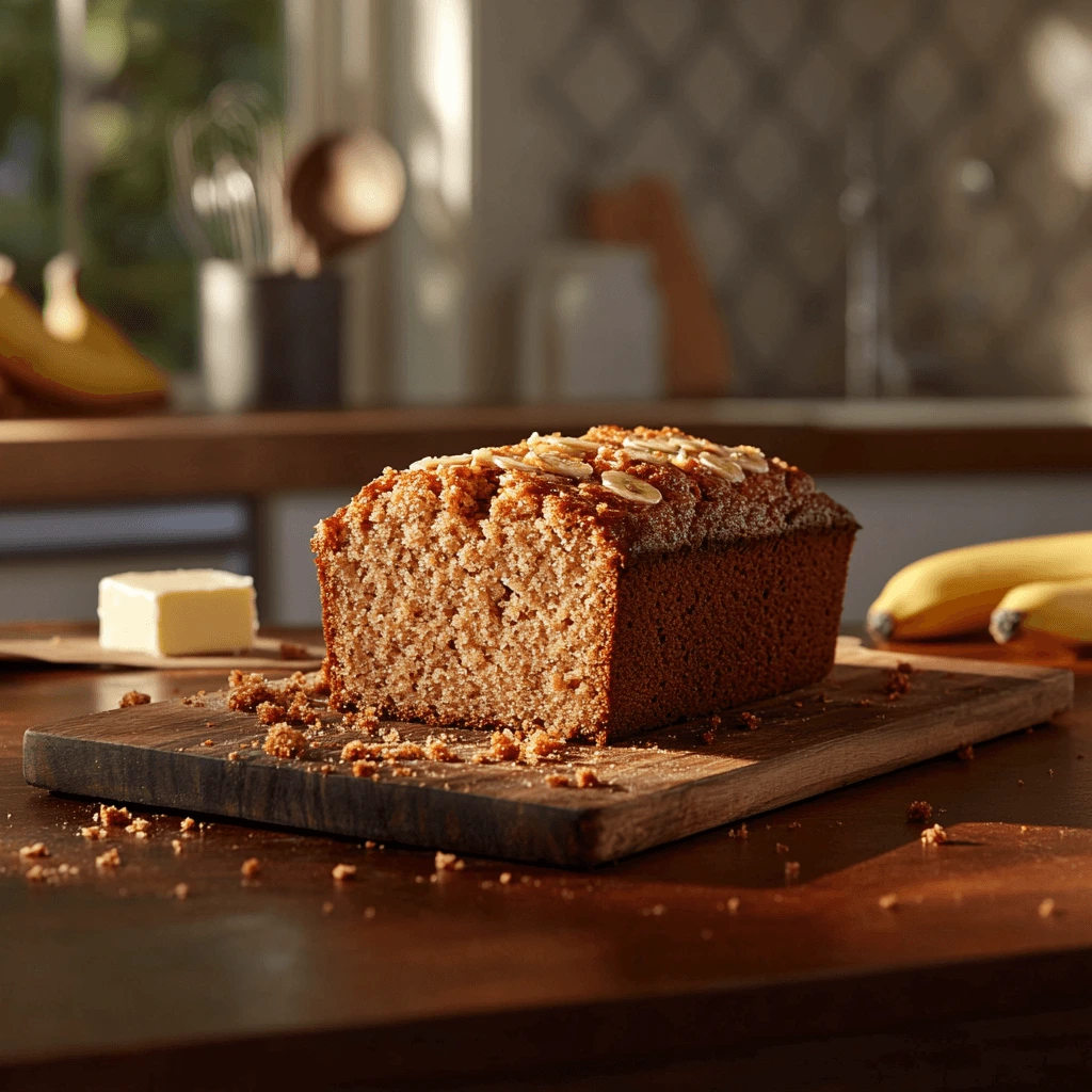 Freshly baked banana bread sliced on a wooden cutting board, showing the moist interior with ripe bananas and kitchen utensils in the background