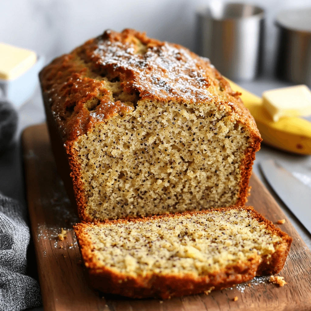 Banana bread loaf with chocolate chips, nuts, and slices on a wooden cutting board, with ripe bananas and ingredients in the background