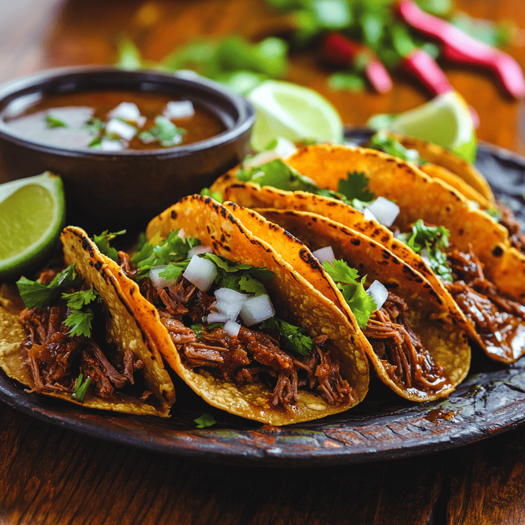 A plate of crispy birria tacos with shredded beef, melted cheese, and fresh cilantro, served with a bowl of consommé for dipping, on a rustic wooden table with Mexican-inspired decor