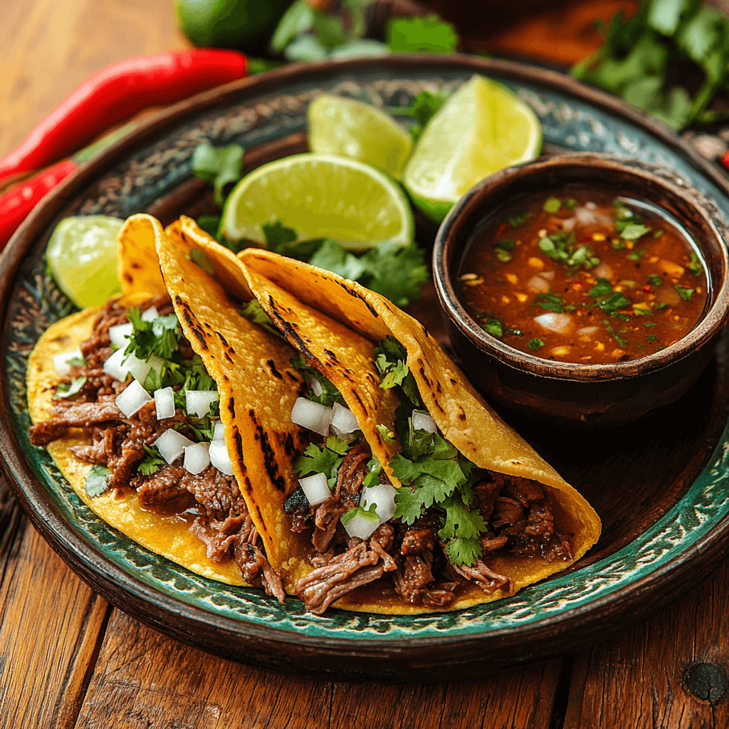 Close-up of a birria taco being dipped into a bowl of consommé, highlighting the crispy tortilla, tender beef, melted cheese, and vibrant toppings like fresh cilantro and onions