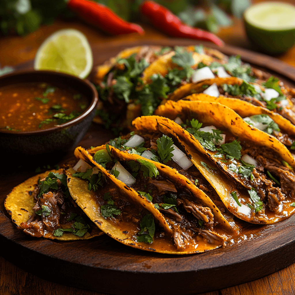 A single birria taco on a wooden plate, filled with tender beef, melted cheese, cilantro, and onions, with a bowl of consommé and lime wedges in the background