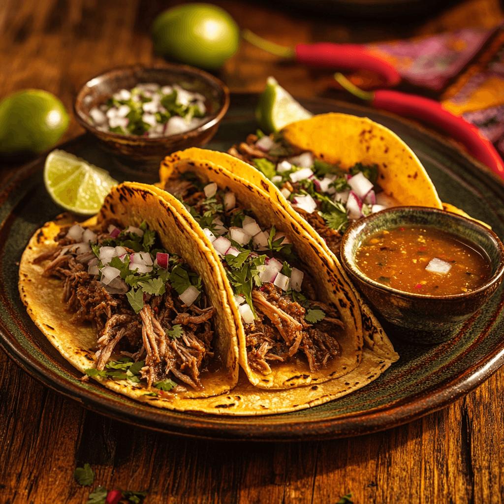 Birria taco platter with multiple crispy tacos filled with shredded beef, cheese, and cilantro, served with lime wedges, consommé, and chili peppers on a rustic table.