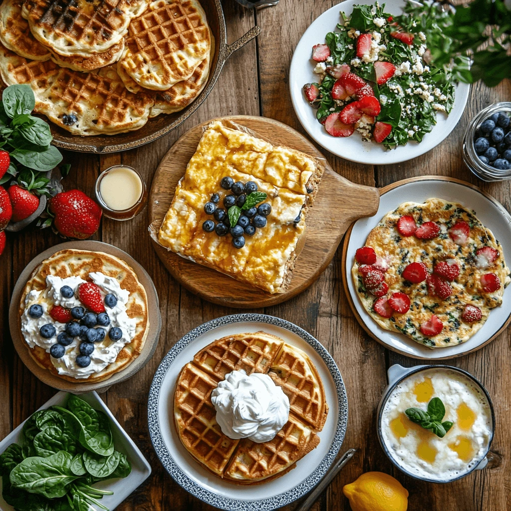 Delicious Taste of Home breakfast spread with pancakes, waffles, casserole, and omelet