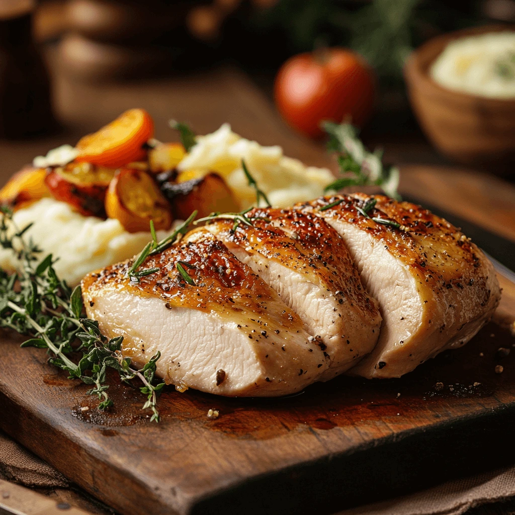 Oven-baked garlic butter chicken breast with fresh herbs and a side of roasted vegetables