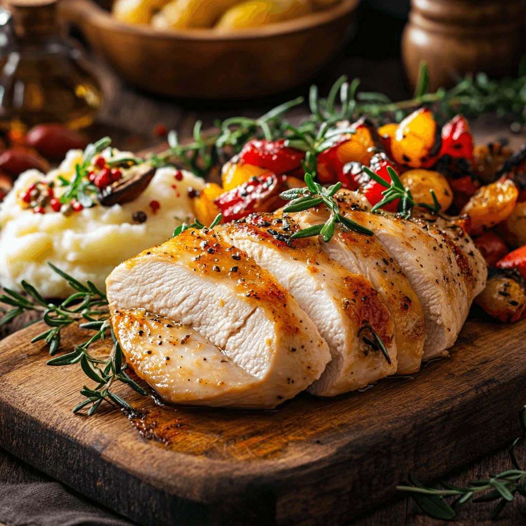 Grilled lemon herb chicken breast with fresh herbs and a side of quinoa salad