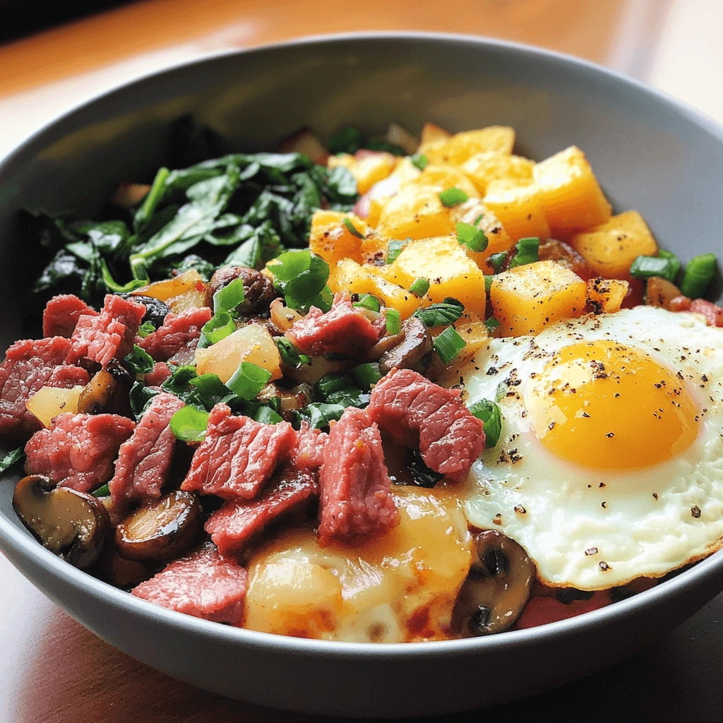 A skillet filled with sautéed canned corned beef and vibrant vegetables, garnished with fresh herbs for a colorful and flavorful breakfast