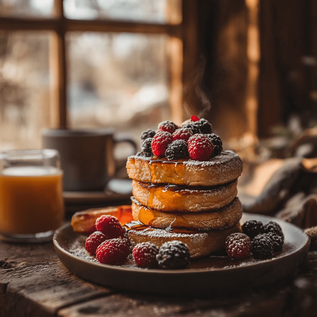 Delicious golden French toast served with fresh berries, powdered sugar, and maple syrup, perfect for a cozy breakfast