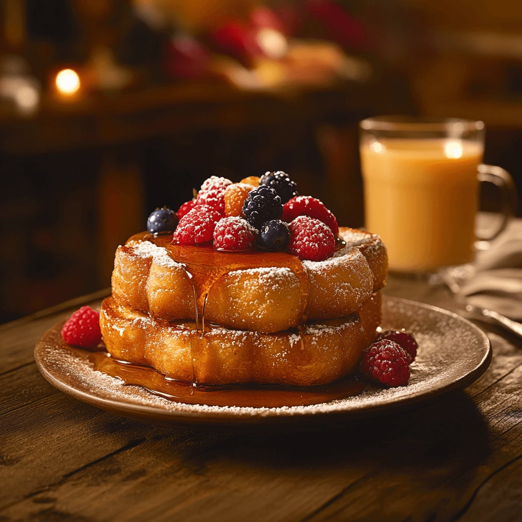 Fluffy French toast with a side of fresh fruit, drizzled with syrup, and dusted with powdered sugar for a perfect breakfast treat