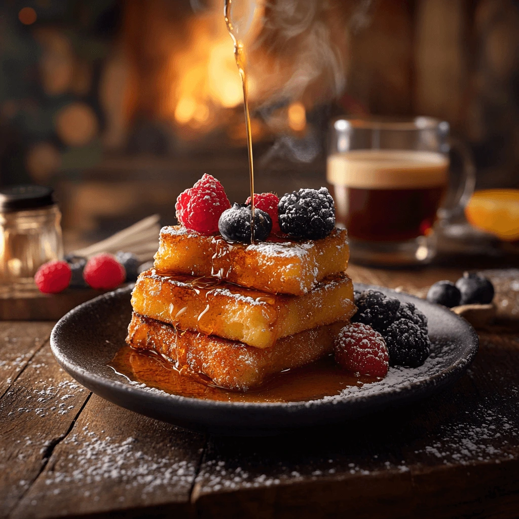 Freshly made French toast stacked on a plate with a drizzle of maple syrup and topped with berrie