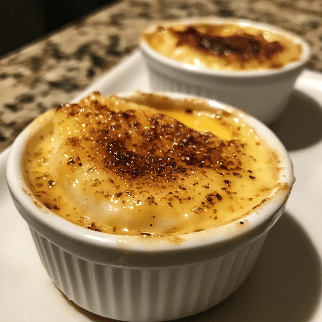 Crab brulee in a ramekin with a golden crispy sugar topping and garnished with fresh herbs