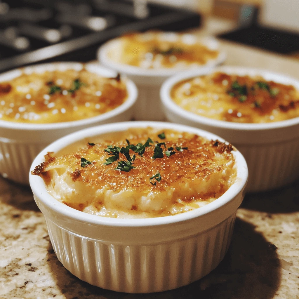 Crab brulee in a ramekin with a golden caramelized sugar topping and fresh crab meat