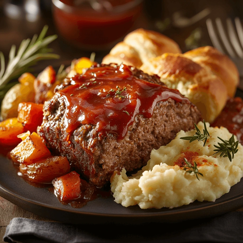 Homemade meatloaf with ketchup glaze served with mashed potatoes, roasted vegetables, and dinner rolls