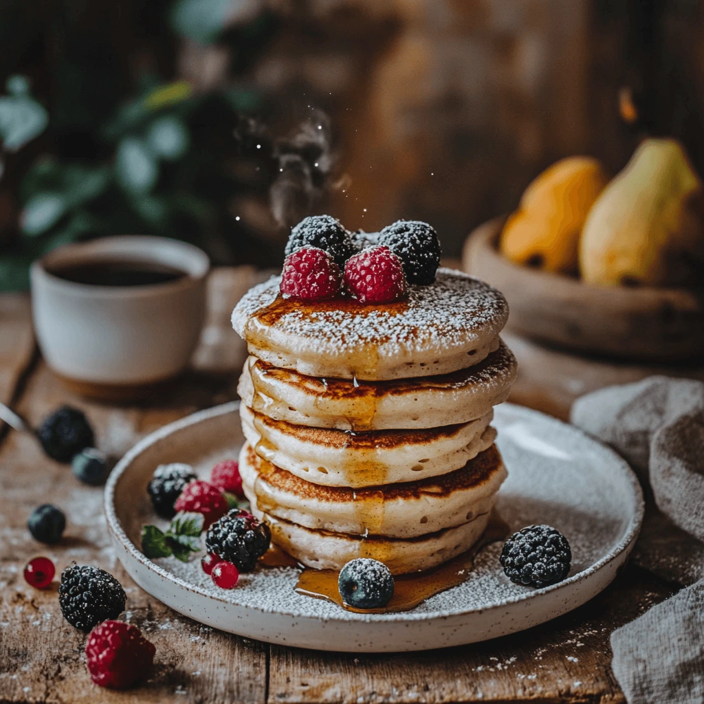 Fluffy pancakes with syrup, fresh berries, and powdered sugar, served on a white plate for an inviting breakfast