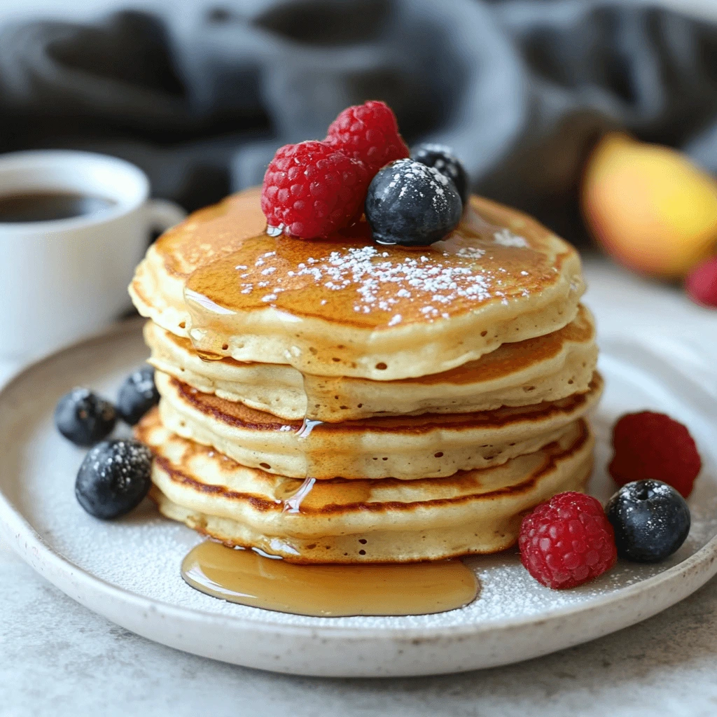 Fluffy pancakes served with a drizzle of maple syrup, fresh blueberries, and a side of whipped cream