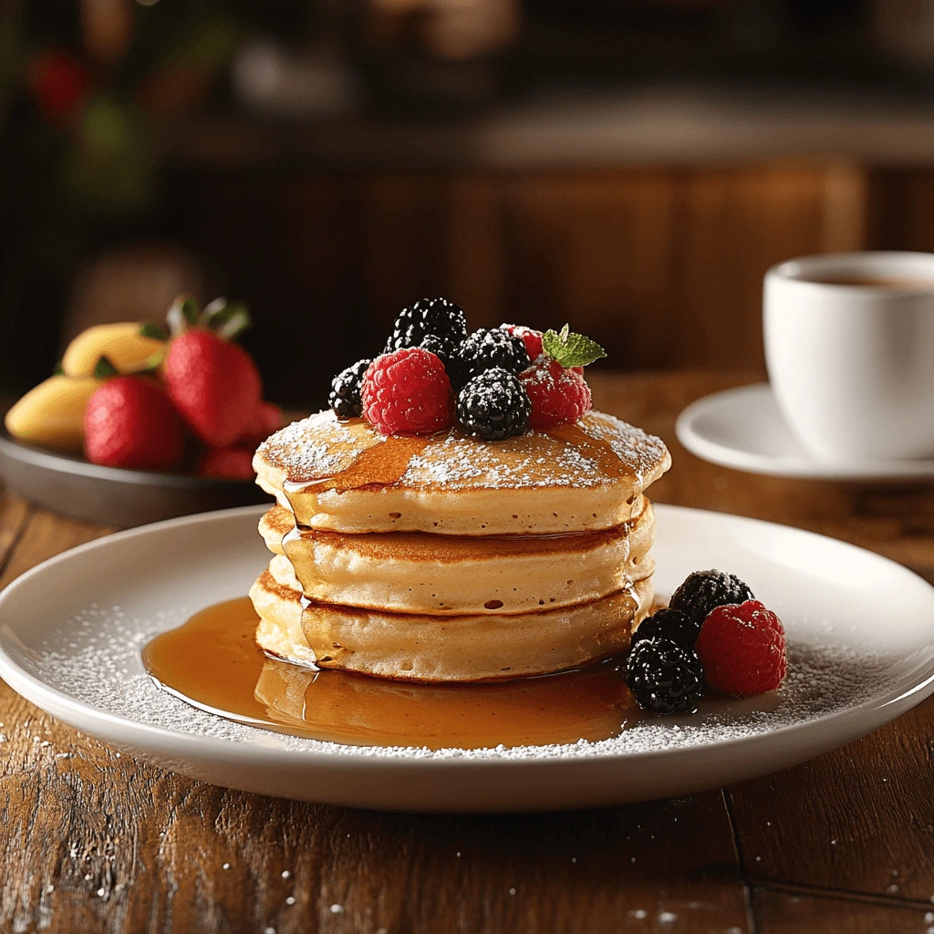 Stack of fluffy pancakes topped with strawberries, syrup, and a dusting of powdered sugar