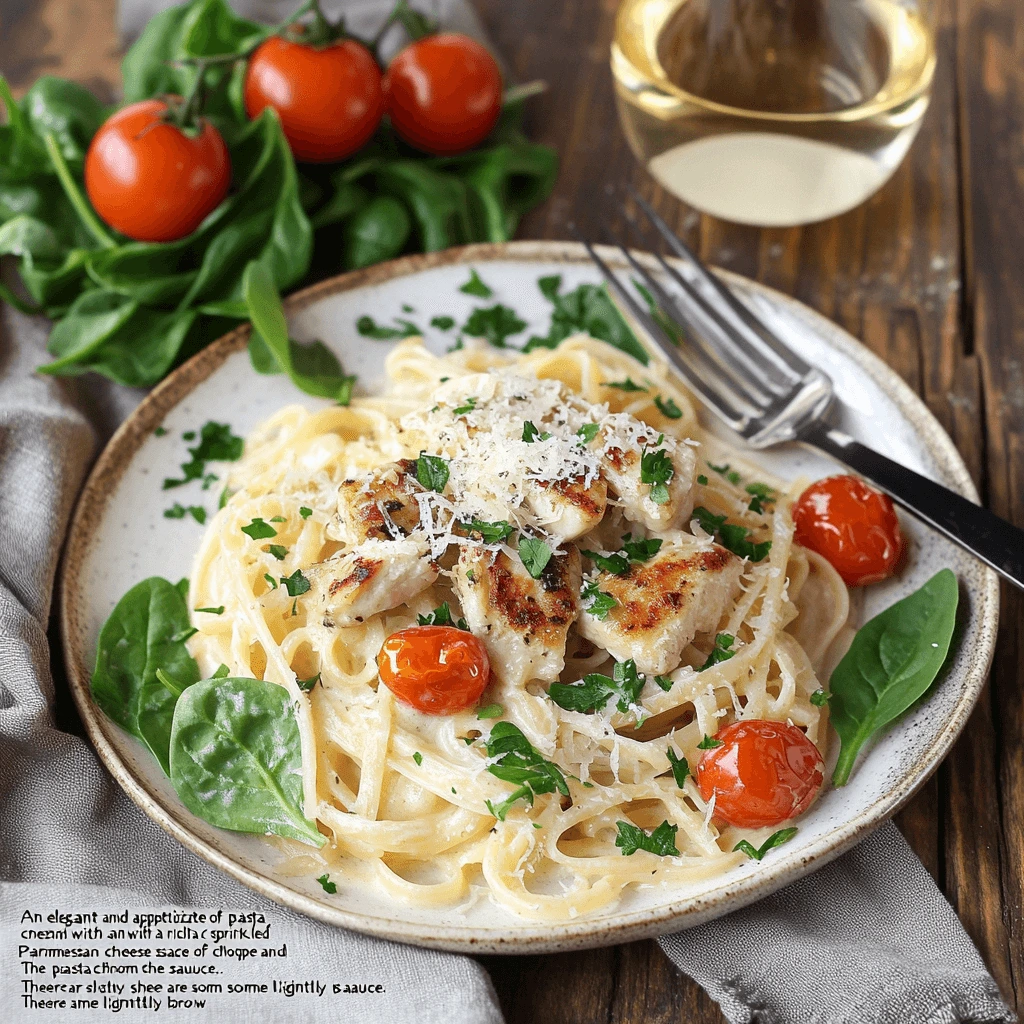 Delicious creamy Alfredo pasta with grilled chicken, spinach, roasted cherry tomatoes, and Parmesan cheese, perfect for quick and easy pasta recipes