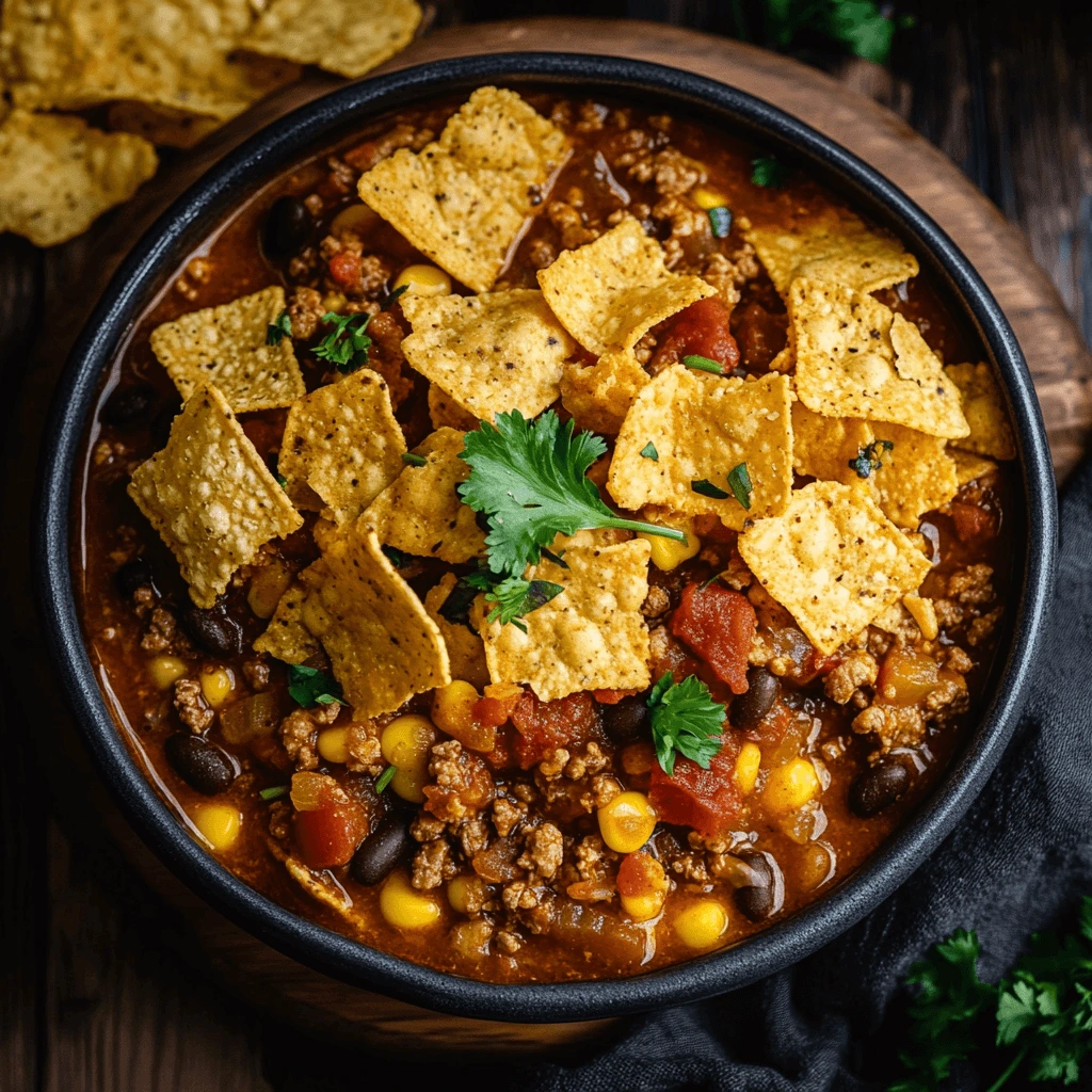 A bowl of taco soup topped with Fritos corn chips, shredded cheese, sour cream, and fresh cilantro, served with lime wedges