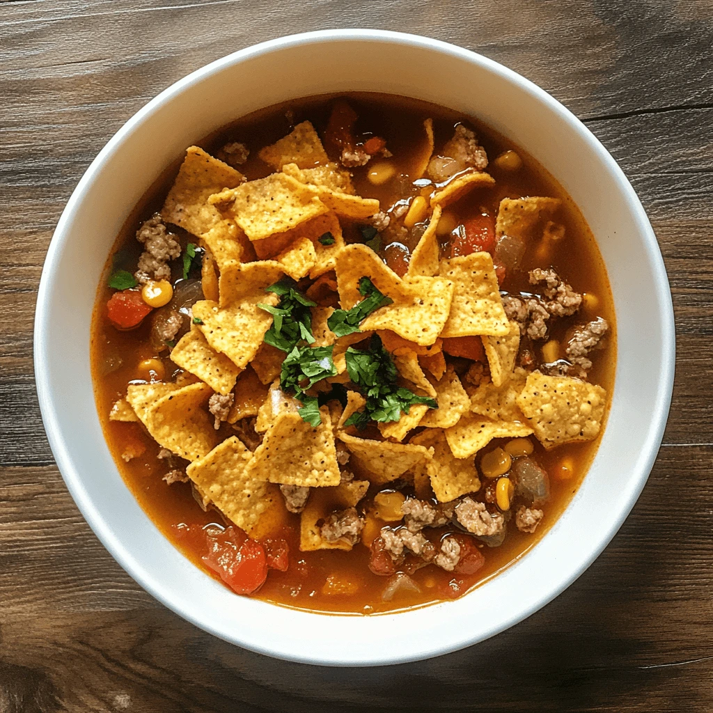 Close-up of a spoonful of taco soup with ground beef, beans, corn, and melted cheese, with a bowl of soup in the background