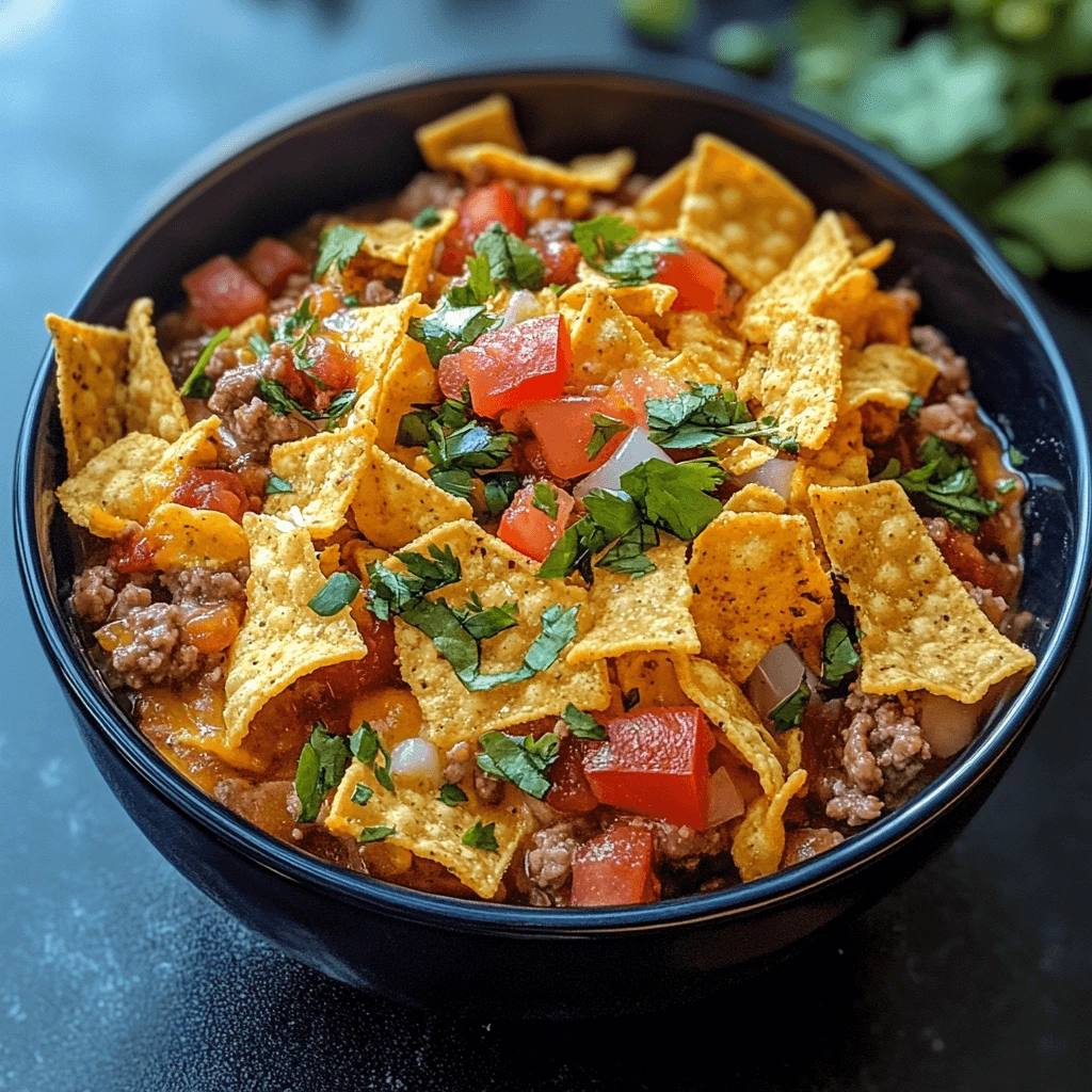 A pot of simmering taco soup with ground beef, beans, corn, tomatoes, and spices, with a ladle ready to serve