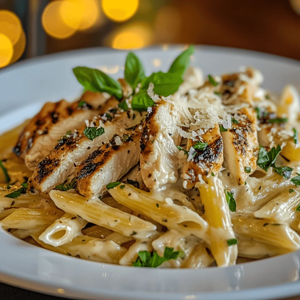 Delicious creamy chicken pasta with grilled chicken, garlic parmesan sauce, and fresh herbs on penne pasta