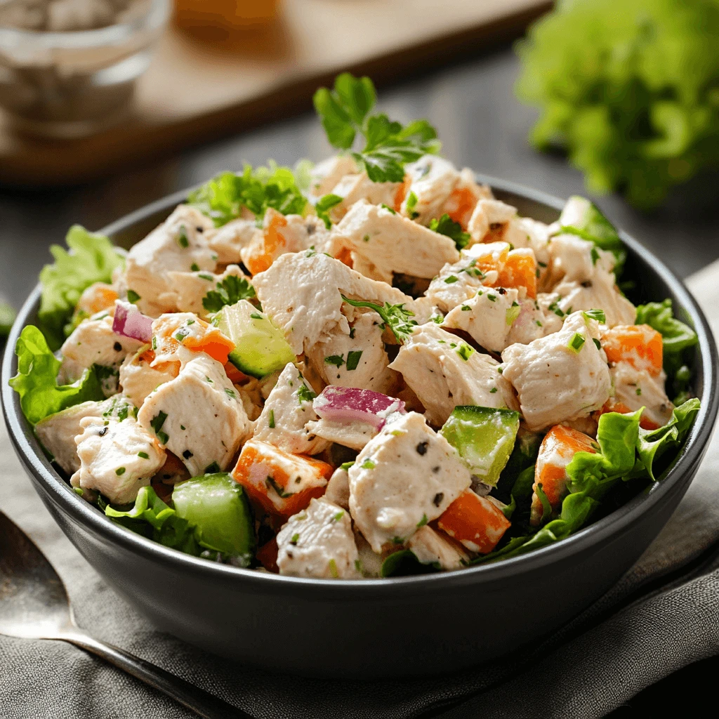 Delicious chicken salad with fresh vegetables and creamy dressing in a bowl, perfect for a quick and healthy meal