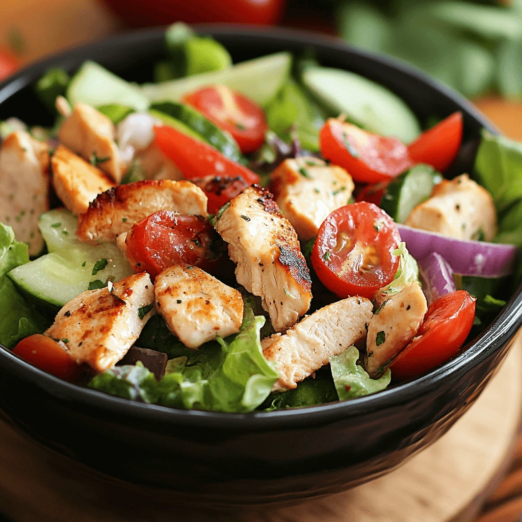 A fresh and colorful chicken salad served on a bed of greens, showcasing healthy ingredients like cucumbers, apples, and nuts