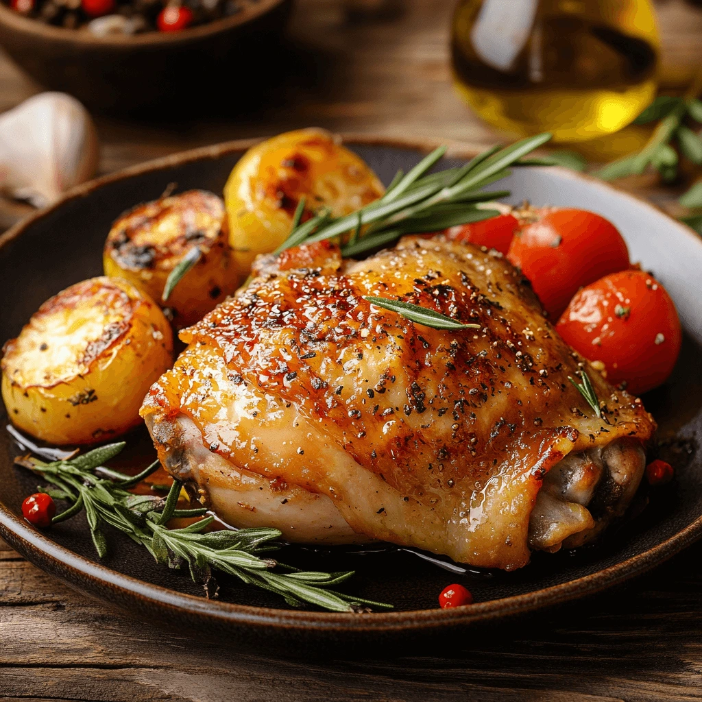 Grilled chicken thighs with a smoky char, served with a fresh green salad and a drizzle of honey soy glaze