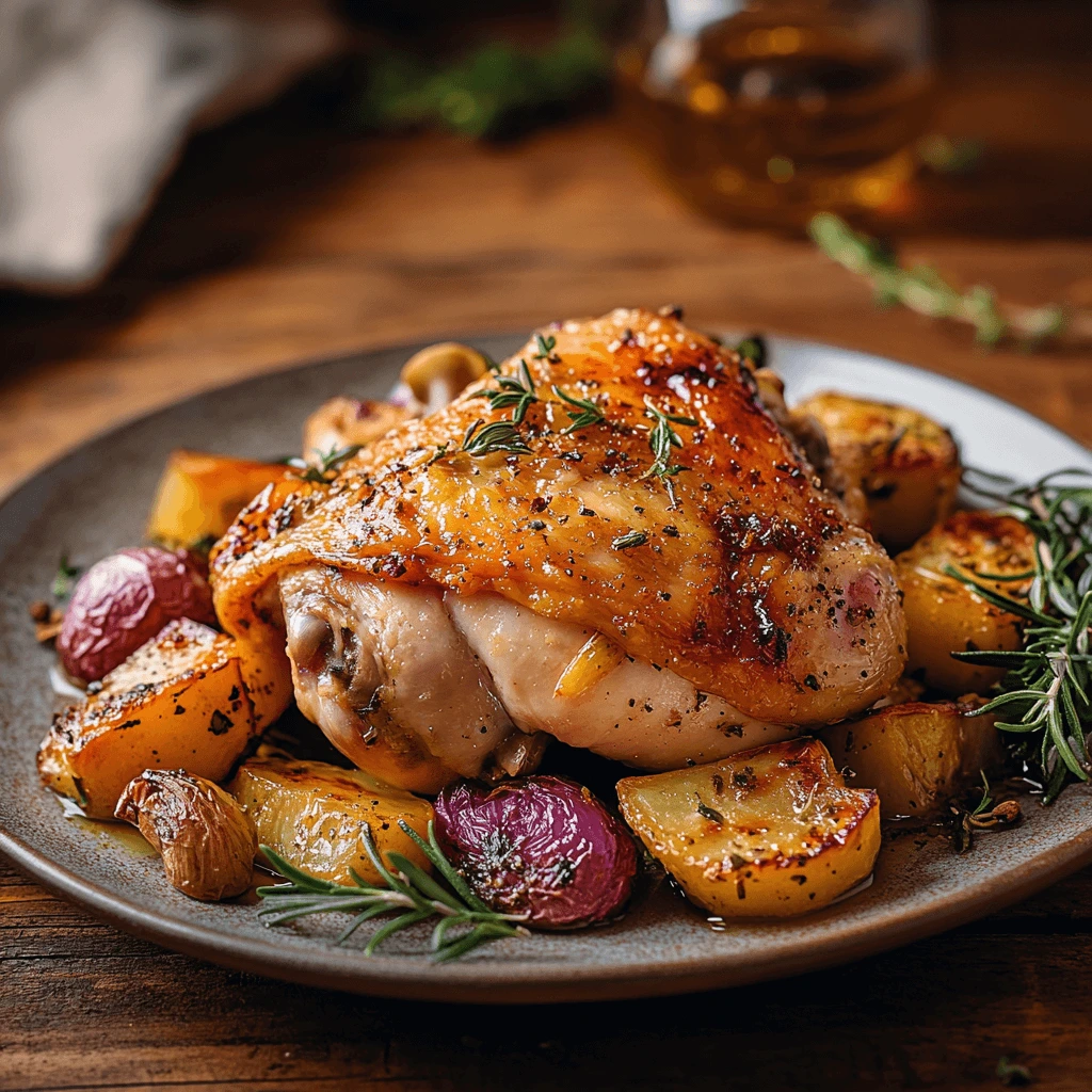 Pan-seared chicken thighs with crispy skin, drizzled with lemon butter sauce and garnished with fresh parsley