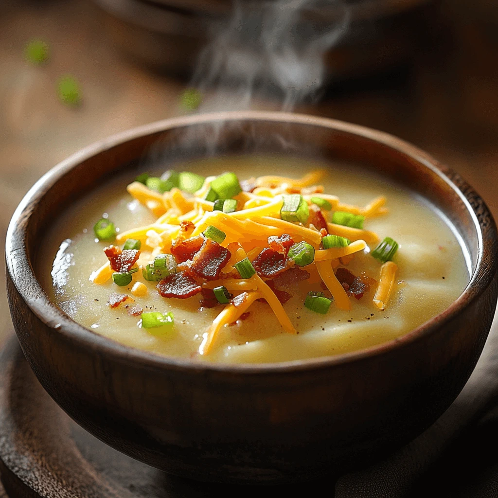 Rich and creamy potato soup with a swirl of heavy cream and fresh parsley garnish