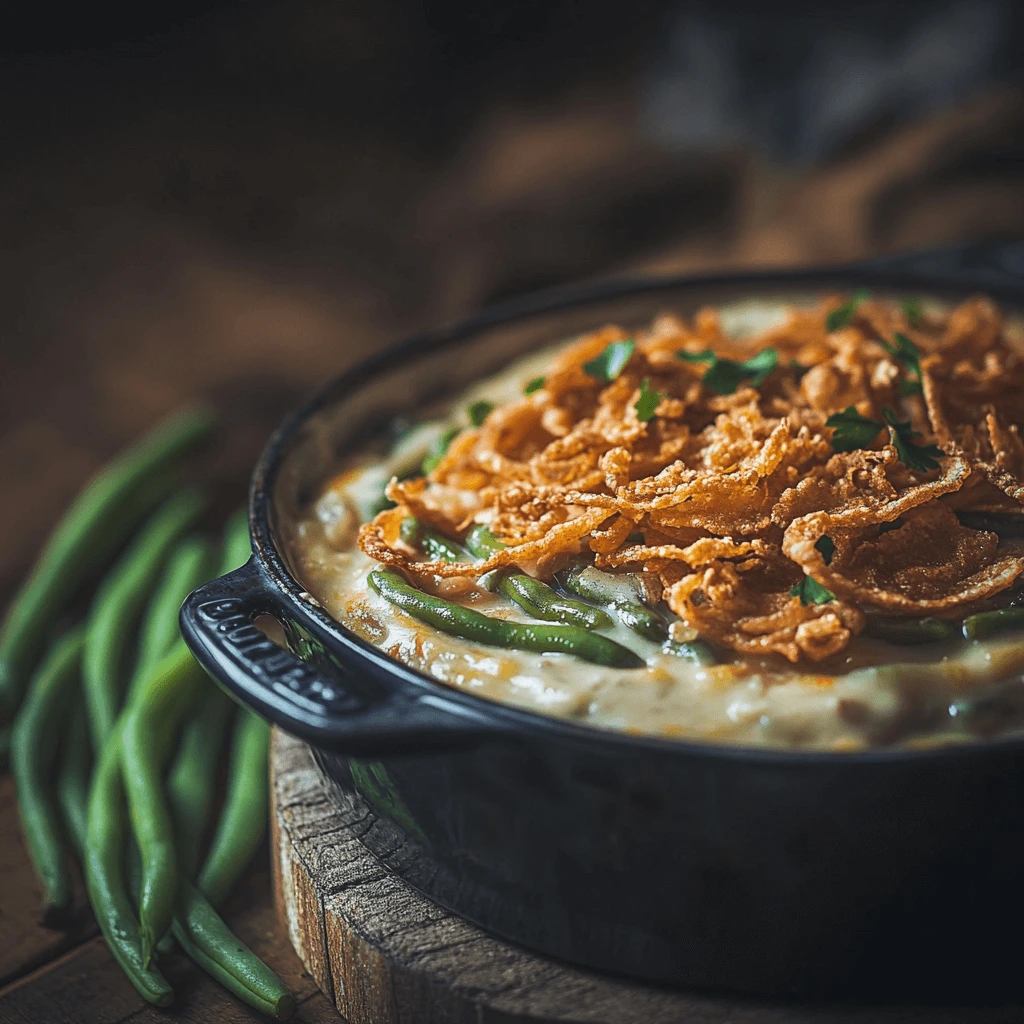 Baked green bean casserole with golden crispy onions and a creamy sauce, perfect for holiday meals and family gatherings