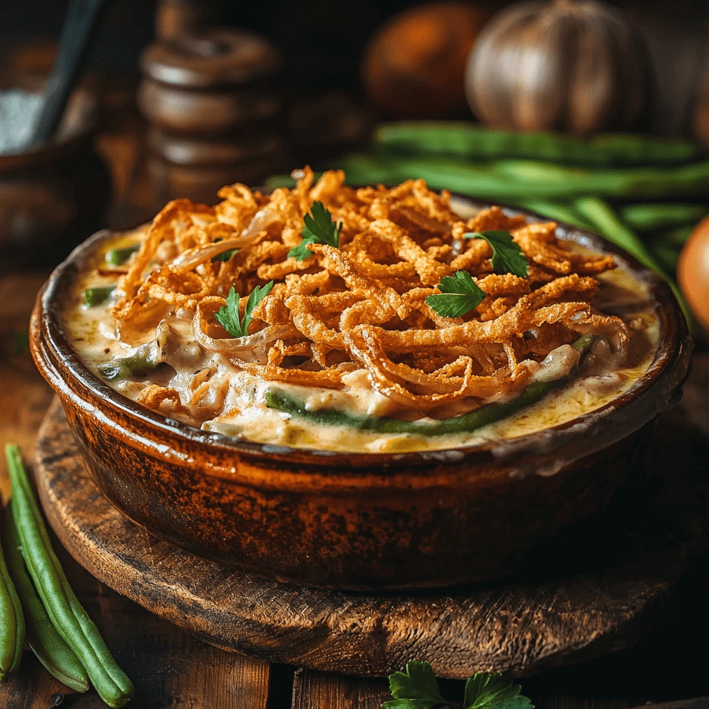 Golden-brown green bean casserole topped with crispy onions, ideal for family dinners and holiday meals