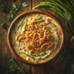 Delicious green bean casserole with crispy French fried onions, perfect for family dinners