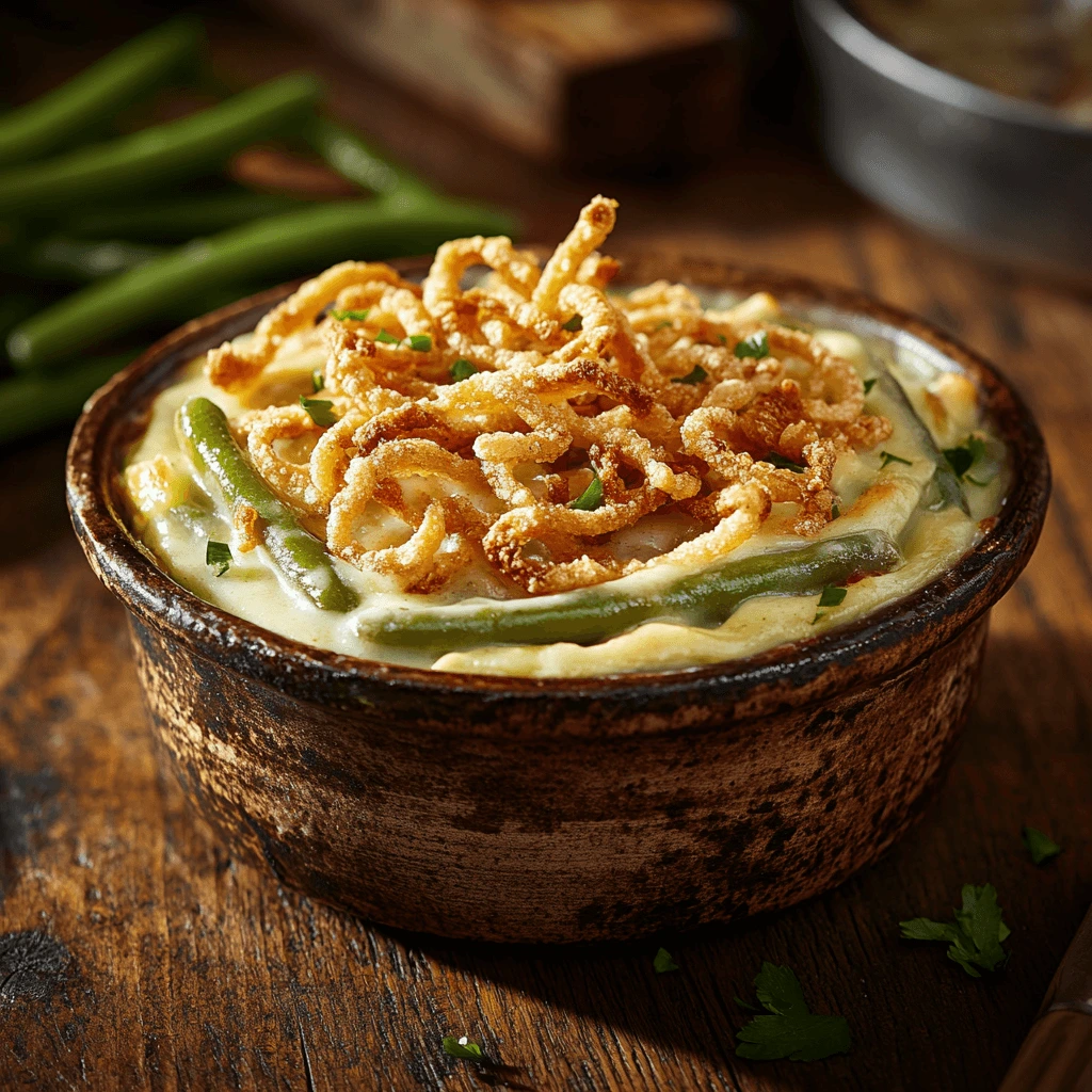 Close-up of homemade green bean casserole served in a rustic dish, with crispy French fried onions on top