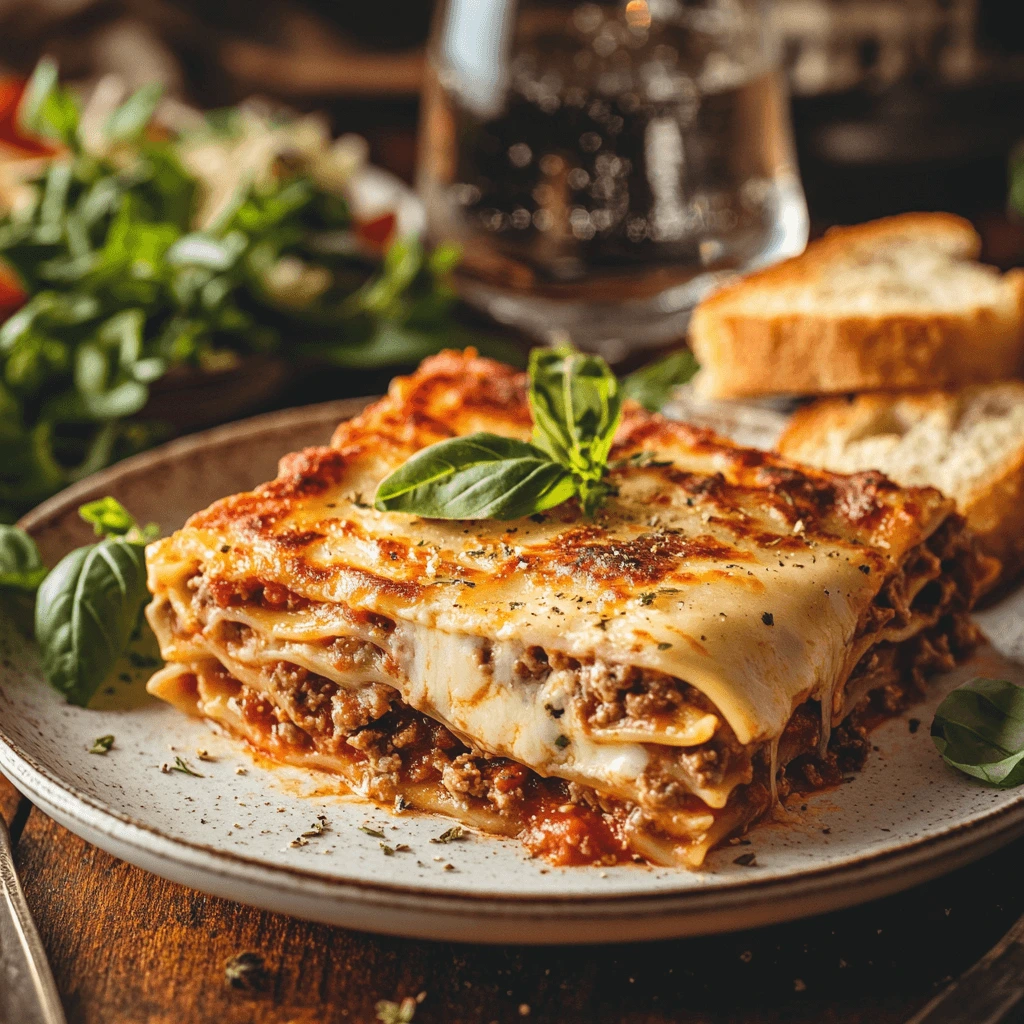 Delicious homemade lasagna with layers of melted cheese, rich meat sauce, and no-boil noodles, served with garlic bread and fresh basil garnish