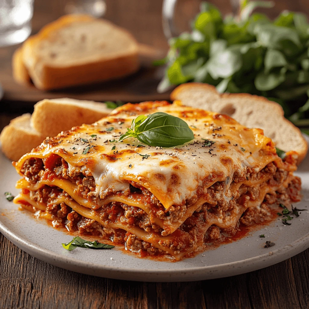 Close-up of a cheesy, golden-brown lasagna slice on a white plate, with layers of ricotta, marinara sauce, and ground beef, garnished with fresh basil