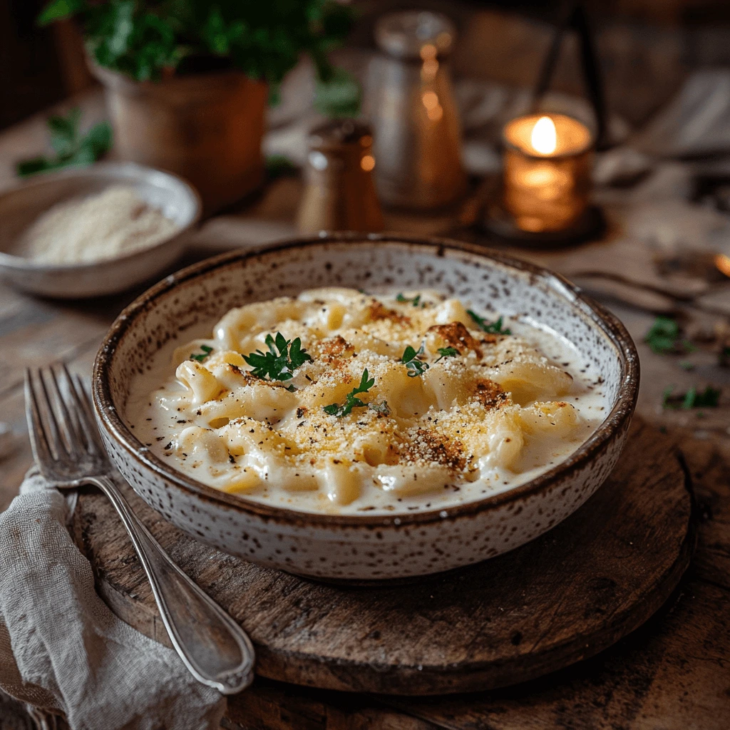 Creamy and cheesy Tini’s Mac and Cheese in a rustic bowl with a golden, melted cheese topping