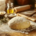 Close-up of homemade pizza dough on a floured wooden countertop, with a rolling pin and olive oil nearby, showcasing an easy pizza dough recipe