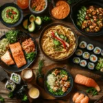 A table filled with popular recipes, including creamy pasta, grilled salmon, sushi rolls, and a smoothie bowl, arranged beautifully on a rustic wooden table