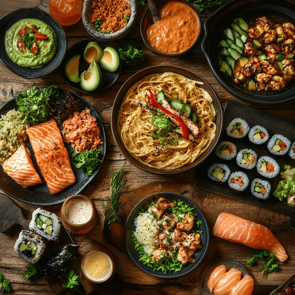 A table filled with popular recipes, including creamy pasta, grilled salmon, sushi rolls, and a smoothie bowl, arranged beautifully on a rustic wooden table