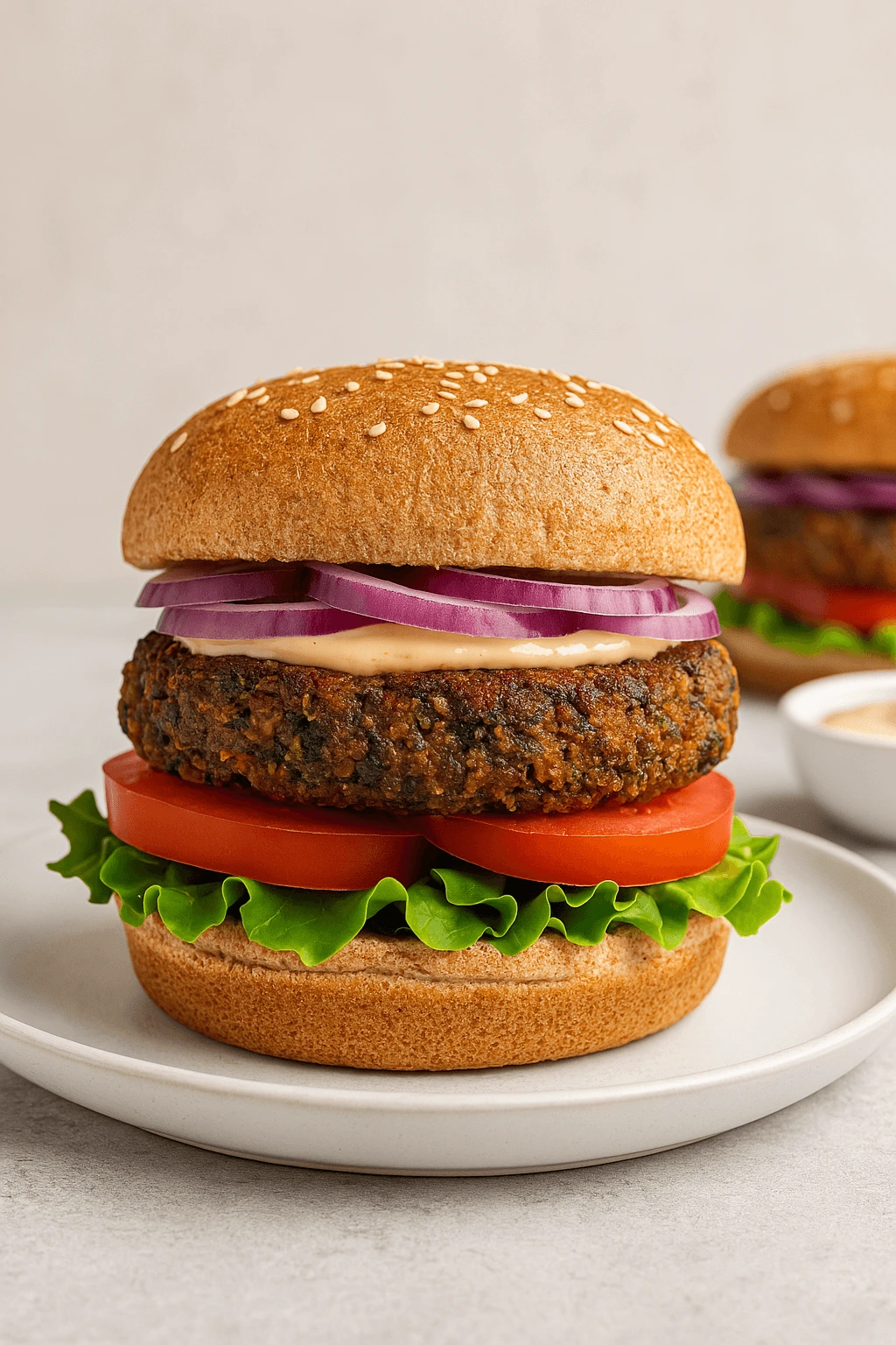 Stacked veggie burger with lettuce, tomato, avocado, and chickpea patty on a ceramic plate